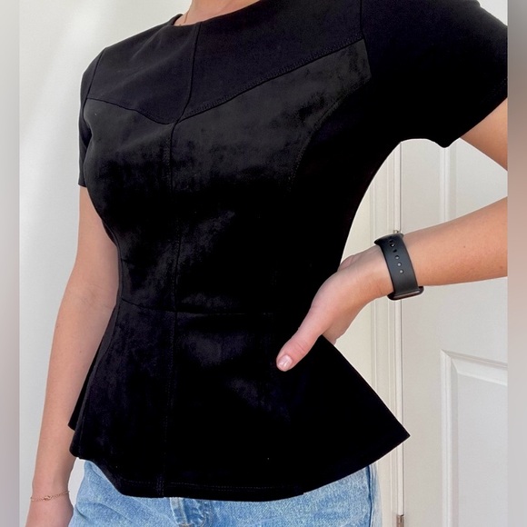 BCBGMaxAzria Black Faux Suede Leather Denna Peplum Top $118 XXS 0 2 - Picture 2 of 9